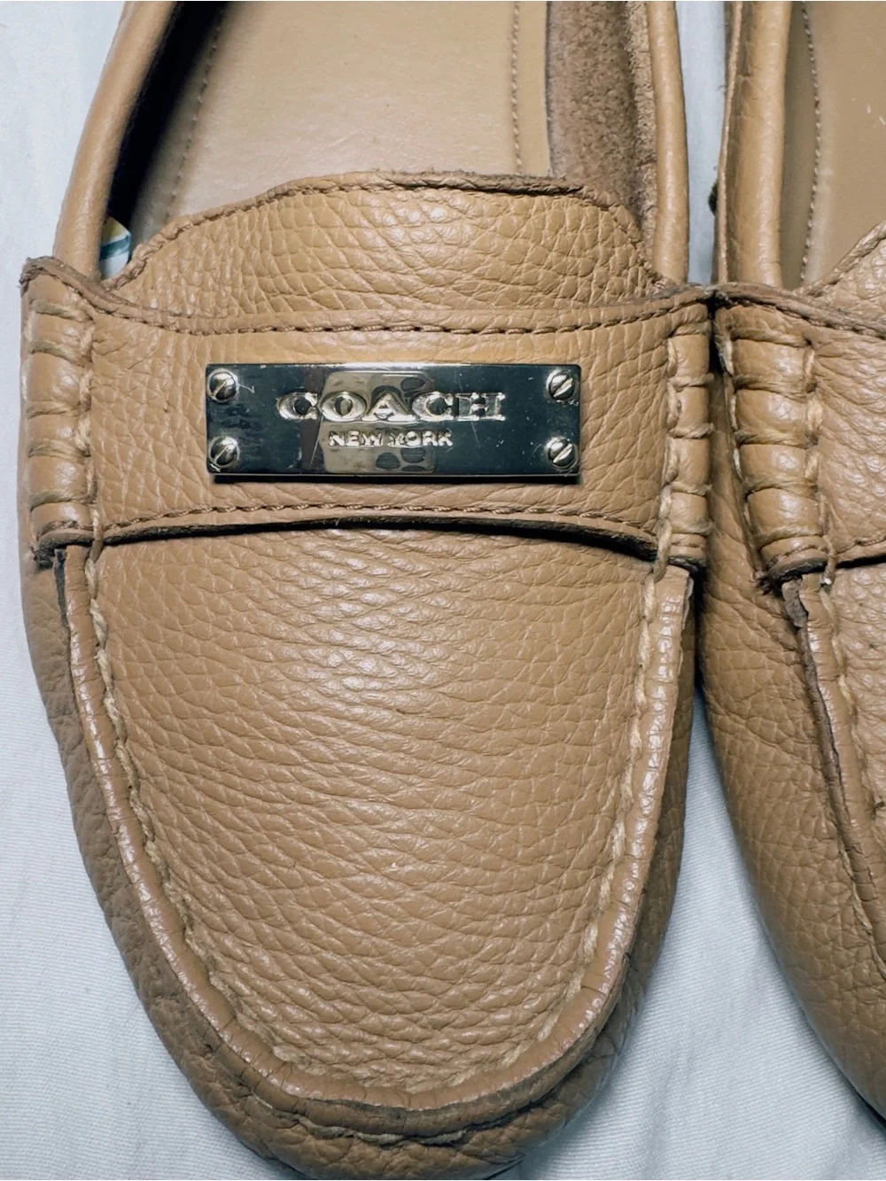 COACH Tan Pebbled Leather Penny Loafers with Gold Plaque